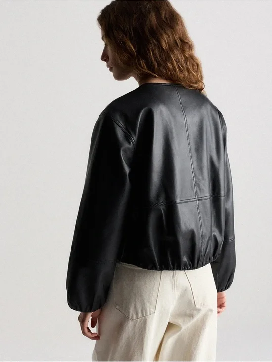 Quince 100% Leather Collarless Cropped Bubble Hem Jacket